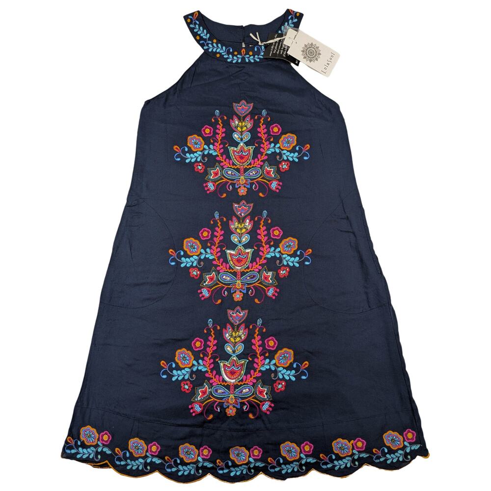 Lula Soul Navy Blue Beaded Embroidered Lined Cotton Sundress Size XXS NWT
